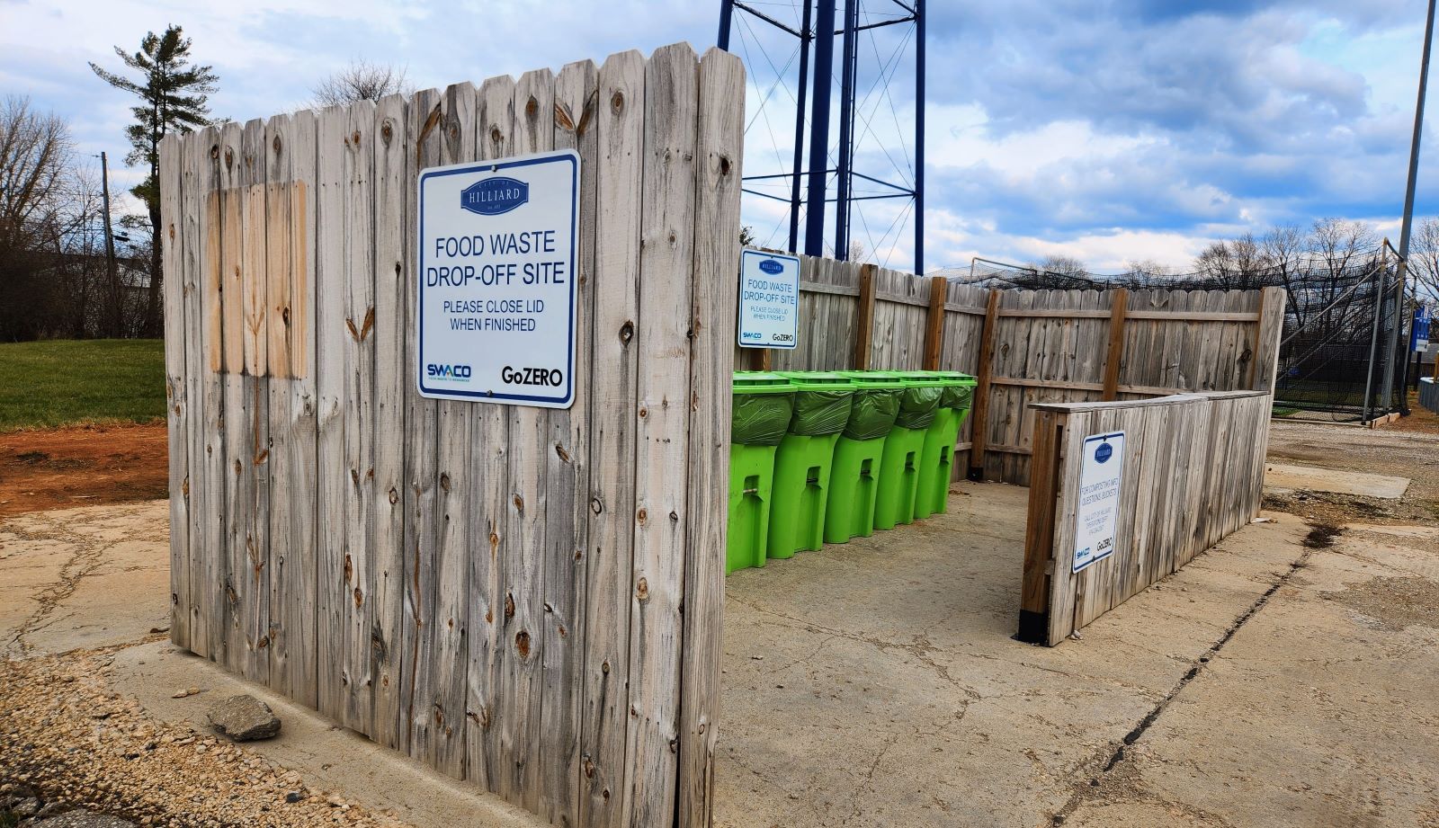 Compost collection bins from GoZero at the Hilliard Municipal Center Food Waste Drop-Off Site