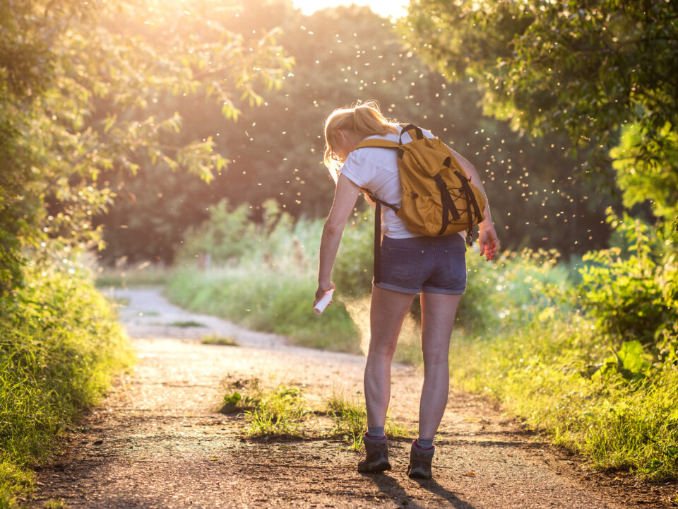 Woman applying insect repellent against mosquitos and ticks on her legs while hiking in the woods.